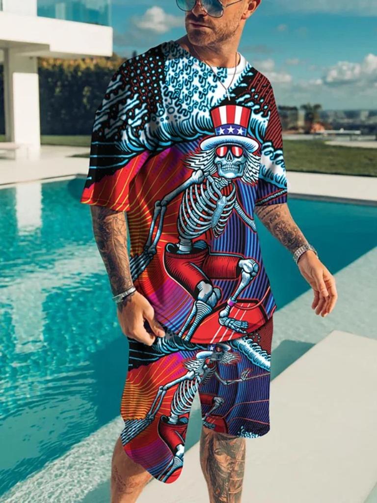 Summer 2 Piece Outfit Male 3D Color Block Print Short Sleeve T-Shirt ShortsSets Outdoor Men's Clothing Tracksuit