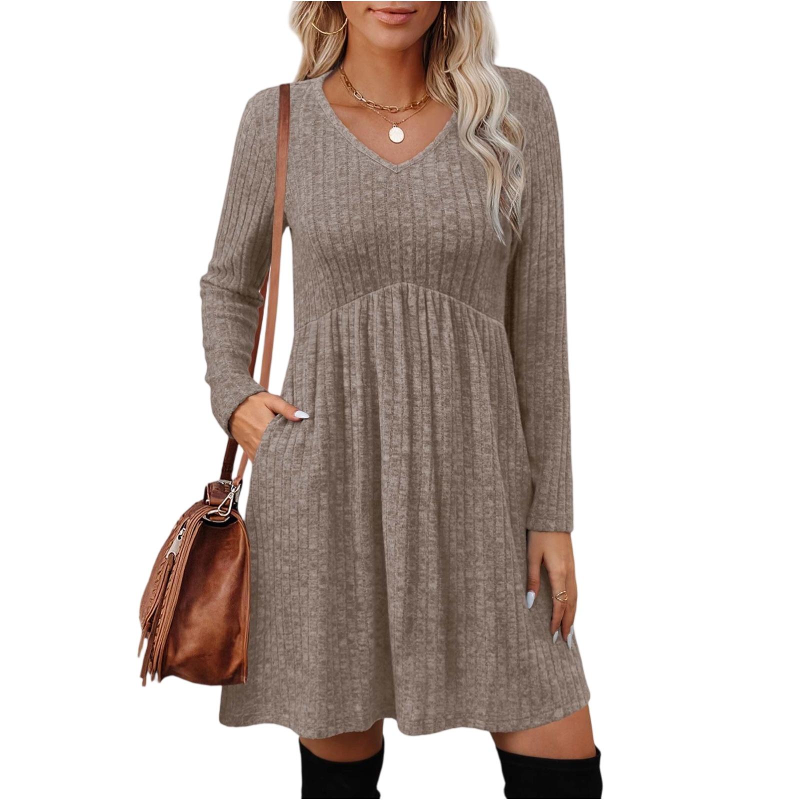 

Women s Long-sleeved V-neck High-waisted Elastic Pocket Striped Dress XXL