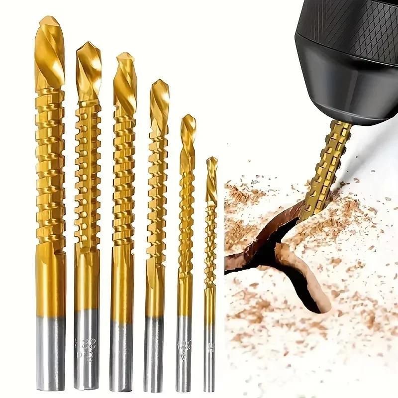 6Pcs HSS Twist Drill Bits Set Titanium Coated Drill Bit 3-8mm Serrated Grooving Spiral Jagged Saw Drill Bit Composite Drill Bits