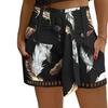 Women Summer Shorts Hollow Out Belted Adjustable Mid Waist Zipper Closure Side Pockets Print Straight Slim Fit Casual Daily Mini Shorts