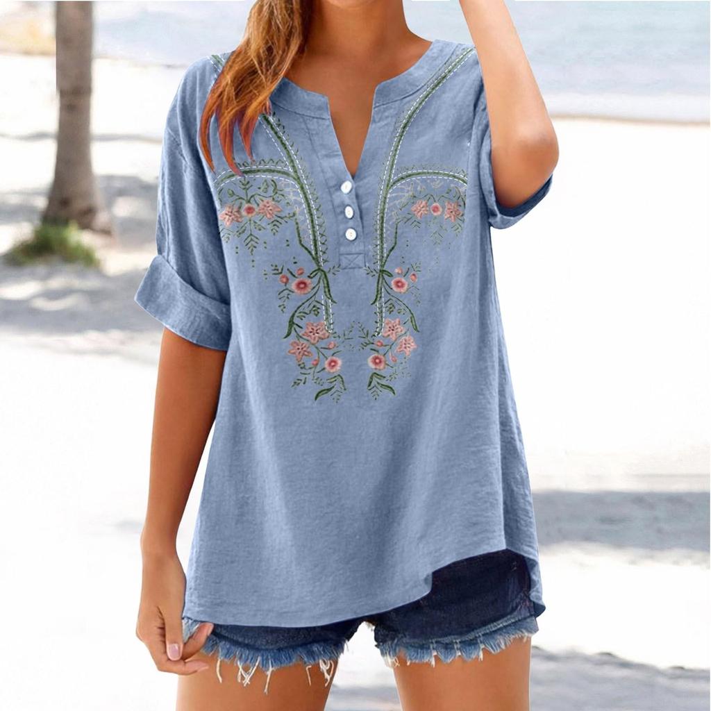 Haut T-shirt Décontracté Tendance pour Femme Coupe Ample Col en V Boutonné Brodé
