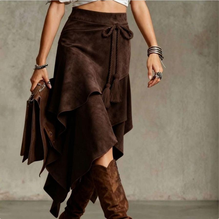 Women's Faux Suede Skirt Boho High Waist Irregular Handkerchief Hem Tie Front Tassel Mid Calf Length Western Style