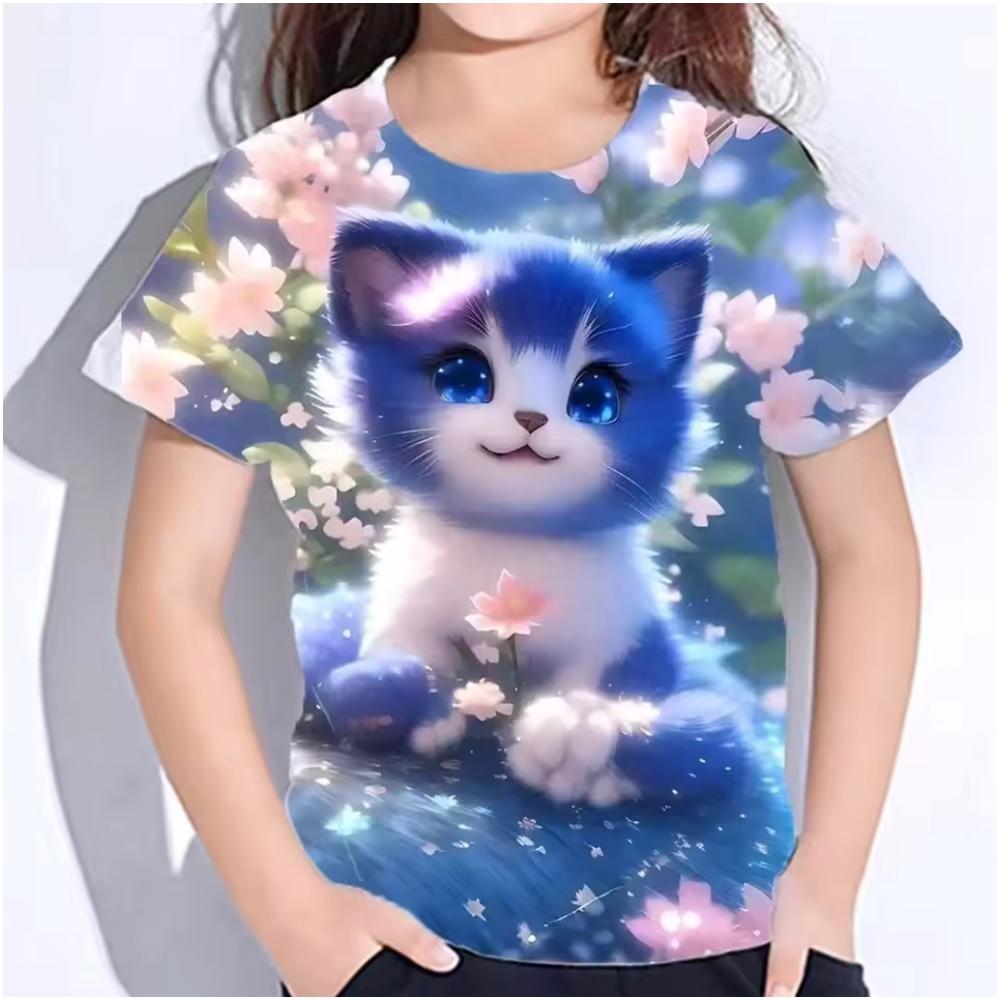 Kids Clothes 3D Print Cute Cat Graphic T Shirts Casual Summer Short Sleeves Female Child Clothes T-Shirts for Children Tops