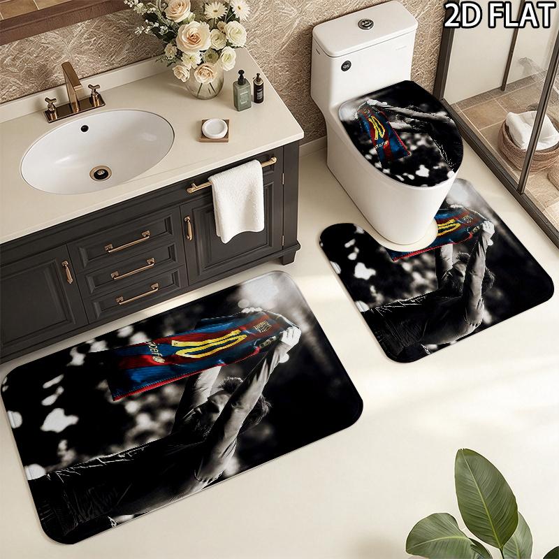 Messi 3pcs Pattern Flannel Nonslip Absorbent Washable Decorative Bathroom Home Toilet Seat Cover Mat Set