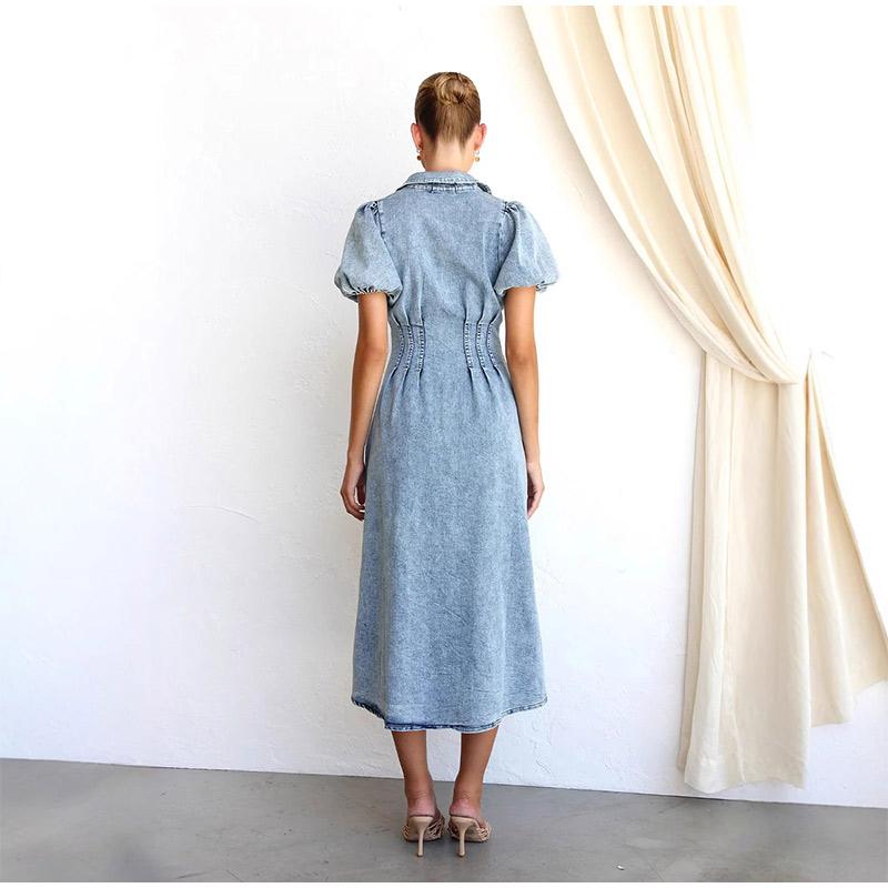 2025 Spring and Summer Puff Sleeve Short-sleeved Distressed Casual Style Shirt Denim Long Dress Single-breasted Waist Denim Long Skirt Retro