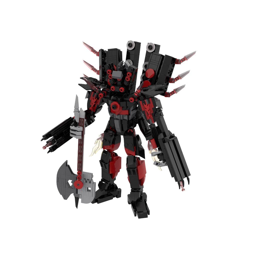 Toy building blocks, Titan guitar, sound system figurines of the monitor and toilet man