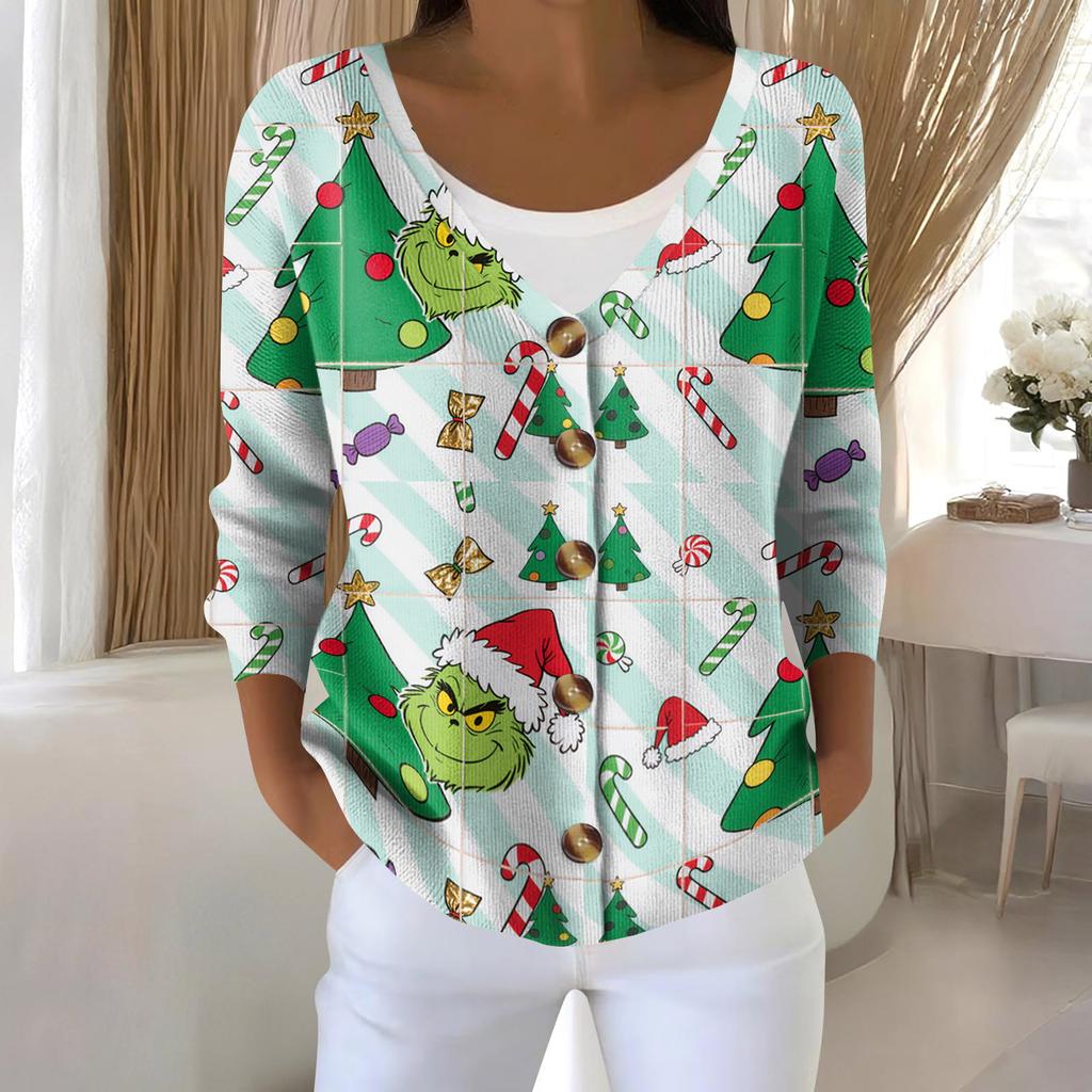 Women's Fashion Long Sleeve Christmas Snowman Snowflake Print Jacket Cardigan