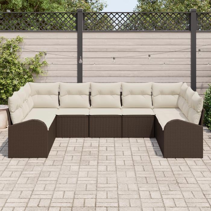VidaXL Ensemble de canapé de jardin 9 pièces avec coussins Marron en poly rattan 3346198