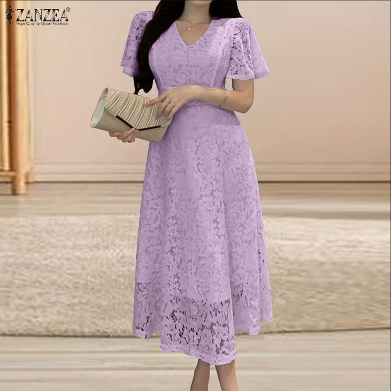 ZANZEA Women Elegant Lace Patchwork Casual V-Neck Short Sleeve Dress