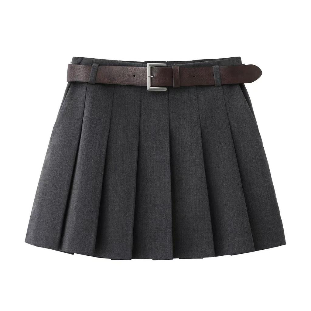 In Stock: 2026 Spring Casual A-line Pleated Skirt with Faux Leather Belt