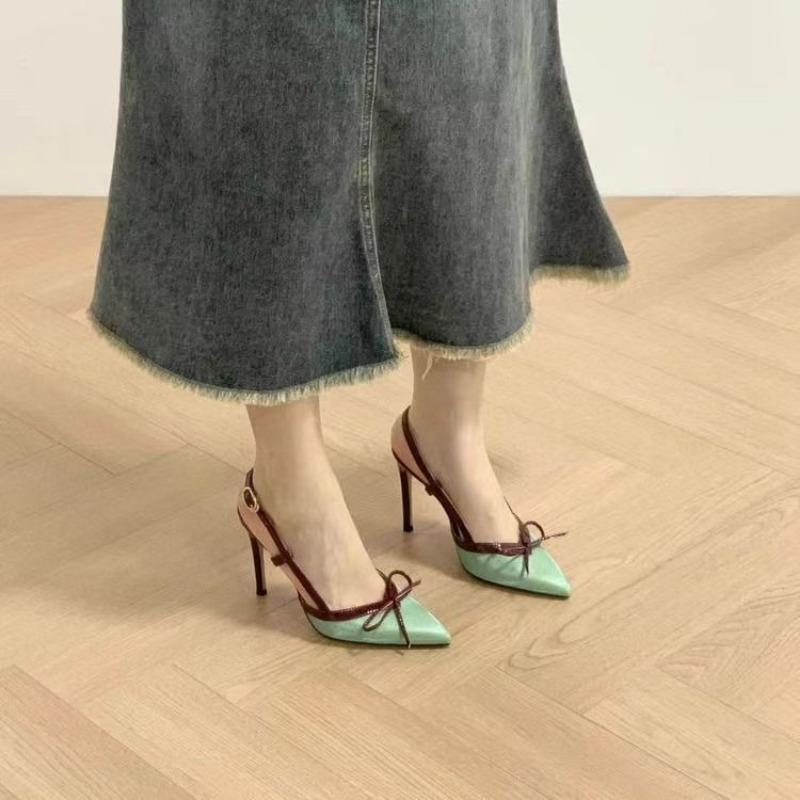 Mode 2025 Sommar Blandade Färger Damslingbacks Höga Klackar Spetsig Tå Tunn Klack Spänne Rem Pumps för Rosett Plus Size Sexig Fest