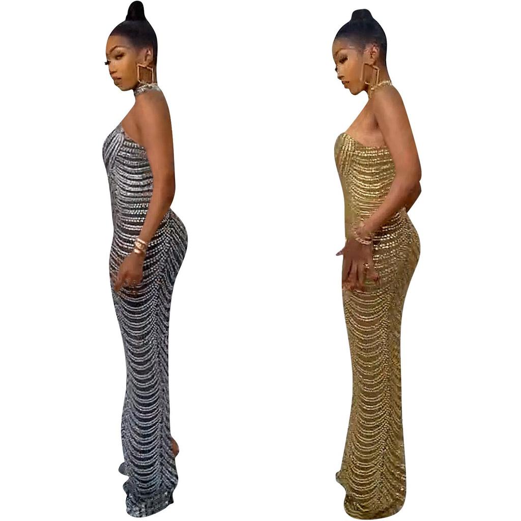 X5259 European Fashion Sexy Rhinestone Backless Nightclub Party Dress - See-through Long Dress for Women