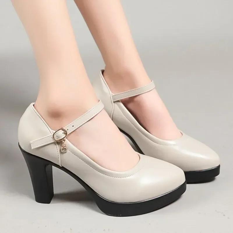 High Heels Platform Pumps 2024 Spring New Fashion Buckle Solid Black Shoes Woman PU Leather Waterproof Shoes Femme 35-41