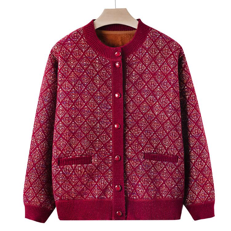 Middle-aged and Elderly People Autumn Clothes Plus Velvet Sweater Sweater Female Mother Autumn and Winter Cardigan Jacket Old Lady Grandma Clothes