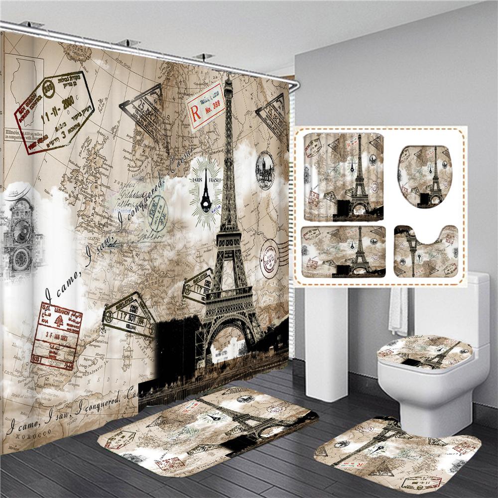 Vintage Scenery Paris Tower Home Decor Waterproof Shower Curtain Set With 12 Hooks Toilet Covers Bath Mats Bathroom Non-Slip Rug