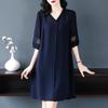 Plus Size Summer Dress V Neck Lace Hollow Out A Line Midi Knee Length Loose Half Sleeves Solid Color Single Breasted Womens Dress