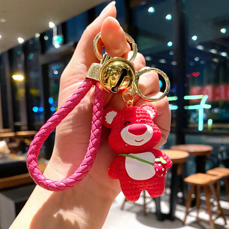 Creative Cartoon Cute Wool Strawberry Bear Keychain Car Key Chain Women S Schoolbag Pendant Couple Gift resin