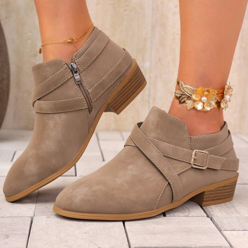 Big Size Women's Pointed Toe Ankle Boots Chunky Heel Buckle Detail Side Zipper Retro European American Style Autumn Winter Shoes