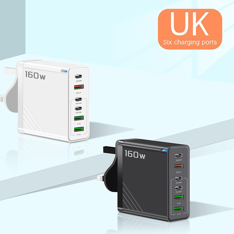 160W 6-Port Fast Charging Usb Type C Quick Charge Pd Qc3.0 Wall Charger Adapter For Iphone Xiaomi Samsung Huawei Phone Charger
