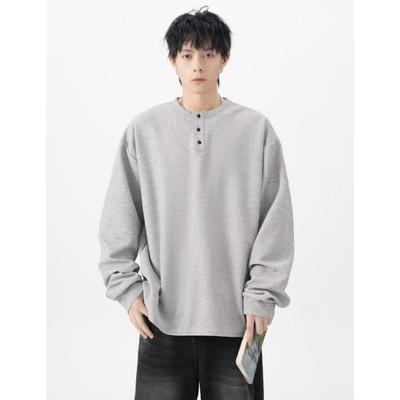 Spring Autumn Solid Color Round Neck Buttons T-shirt Male Long Sleeve Casual Fashion Tee Bottomed Top Men