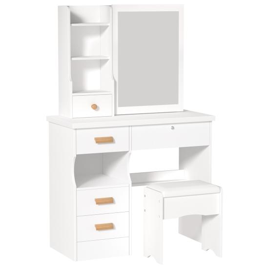 Vanity Desk with Sliding Mirror, Bedroom Dressing Table, Makeup Table with 5 Drawers & Shelves, Hidden Storage Space
