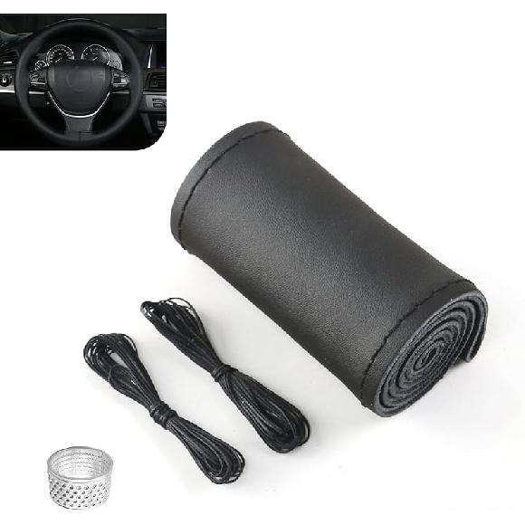 Leather Steering Wheel Cover, 15 Inch Hand Sewing Steering Wheel Wrap, Anti Slip Car Steering Wheel Protector Covers, DIY Sewing with Needle Thread,