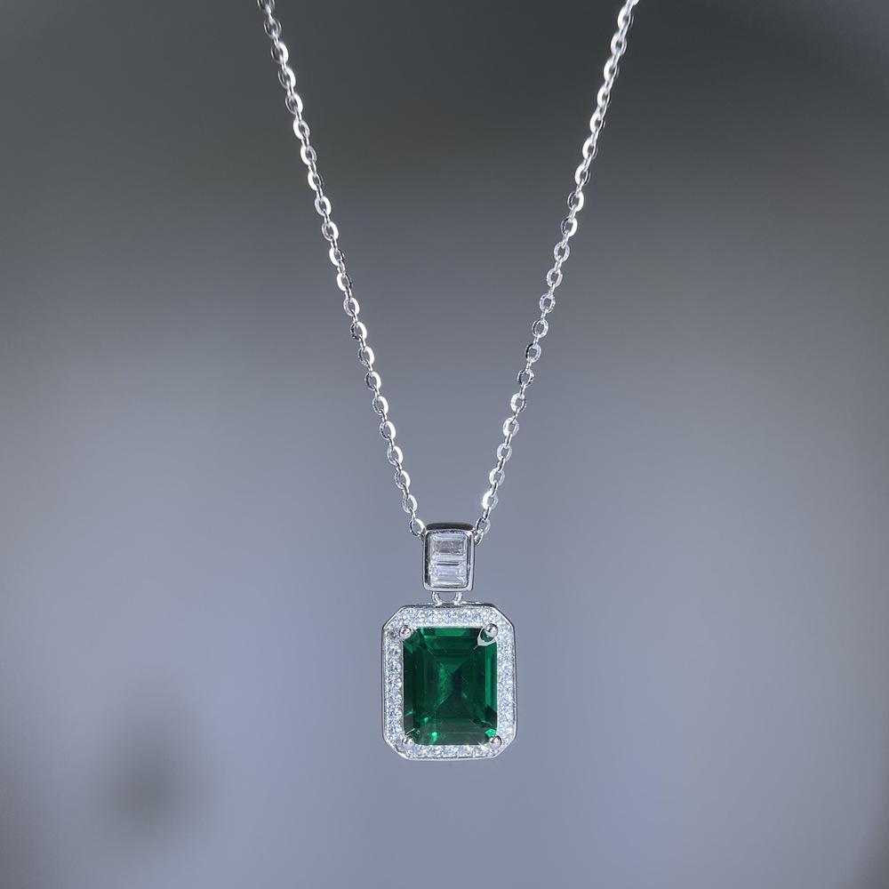 2026 Rectangular Simulated Emerald Pendant Necklace for Women - S925 Sterling Silver, High-End Fashionable Light Luxury, European & American Style