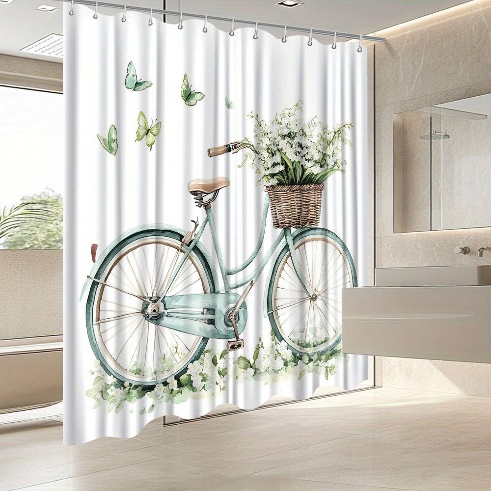 Vintage Bicycle Floral Shower Curtain, Light Turquoise Bike With White Flowers, Polyester, Romantic Bath Decor