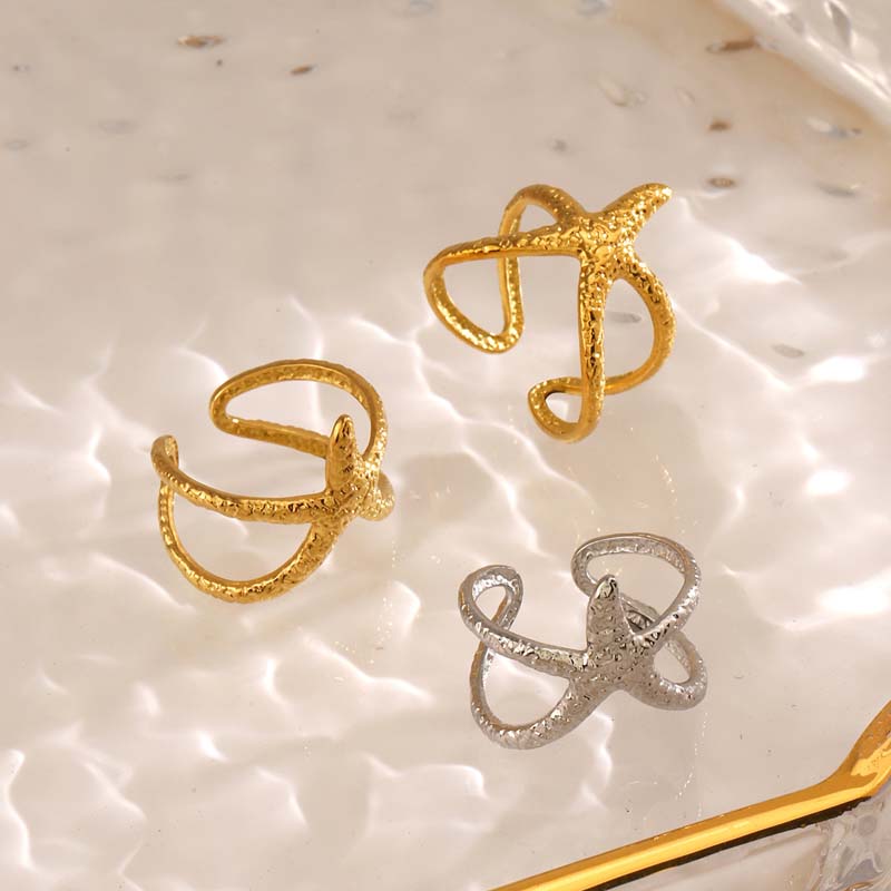 Stainless Steel Starfish Open Rings For Women Men Fashion Gold Color Irregular Textured Starfish Adjustable Ring Jewelry Gift