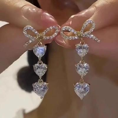 Bow Zircon Love Long Tassel Stud Earrings for Women Fashion Personalized Daily Accessory Party Jewelry Birthday Anniversary Gift