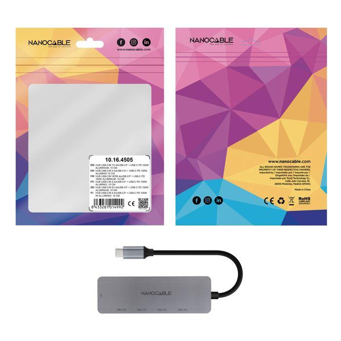Hub USB-C - NANO CABLE - 4 Portas USB-C Fêmea - Alumínio 10 cm - USB-C PD 100W - Cinzento