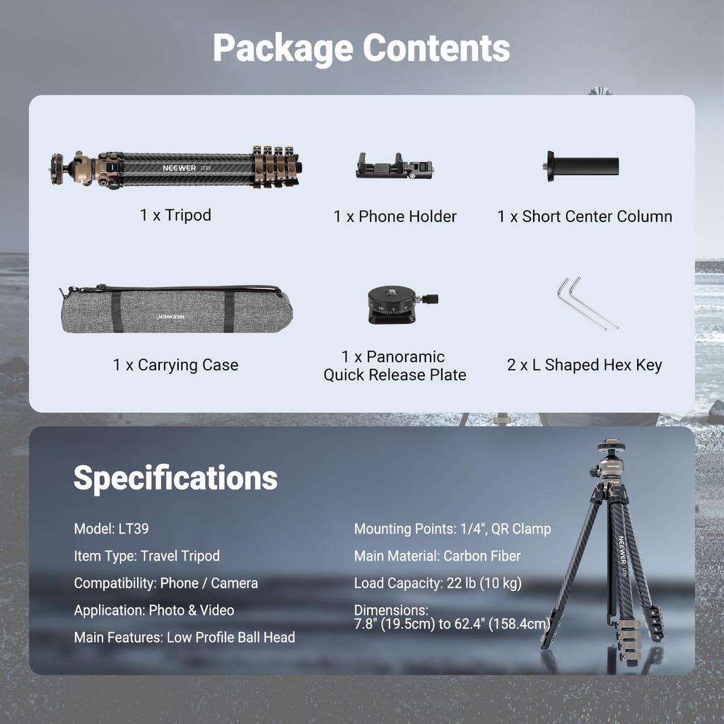 NEEWER LITETRIP Carbon Fiber Travel Slim Ball Panoramic Type Tripod for with Smartphone PD V3 Plate Two Center 10kg Load LT39 Tripod, Pan-Tilt Head,