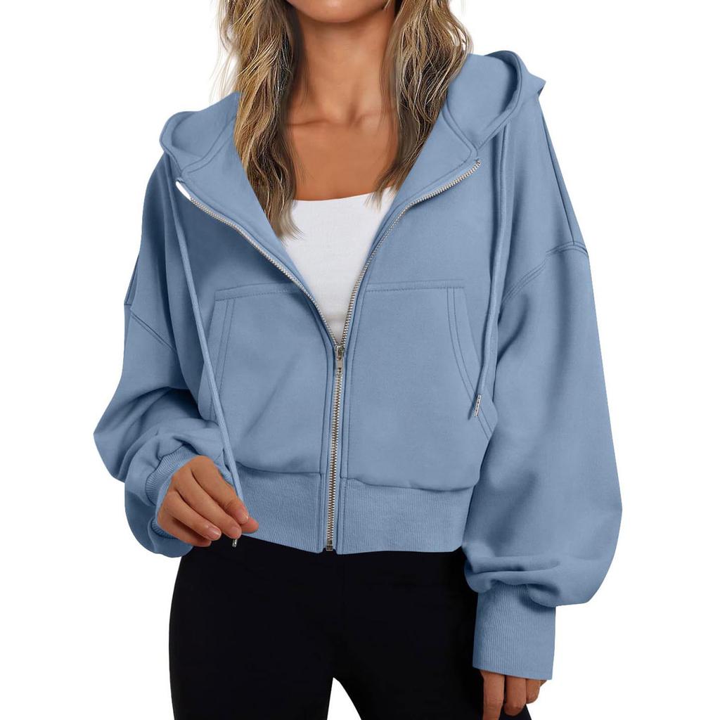 Women's Hooded Zip Up Cropped Sweatshirt Solid Color Lantern Long Sleeve Casual Loose Fall Winter Outerwear Jacket