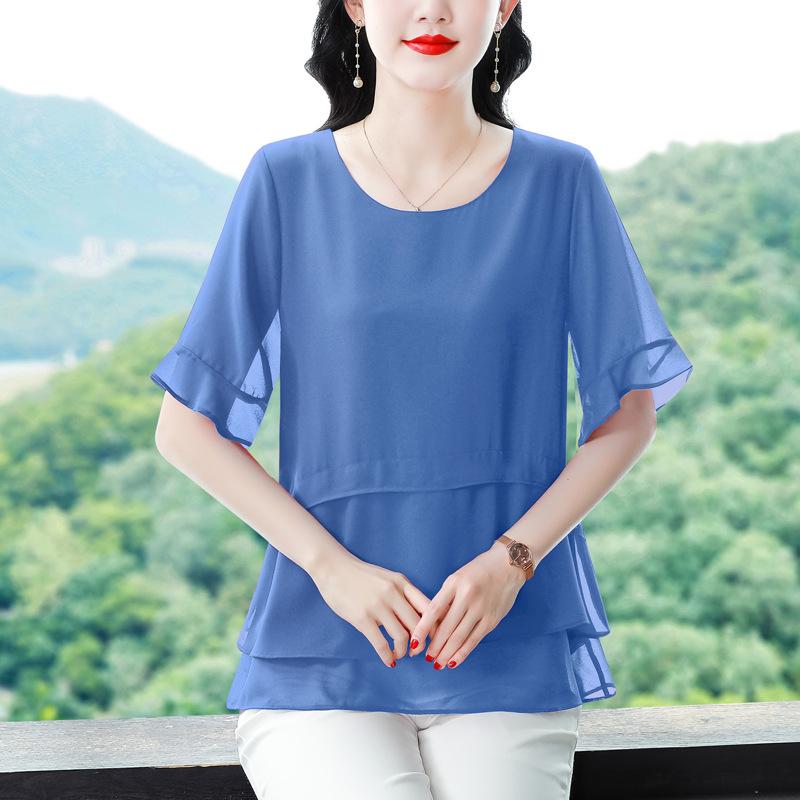 

Прикрывающая живот шифоновая рубашка для женщин с короткими рукавами средней длины, летняя, большого размера, модная, маленькая, для мам среднего возраста, свободный топ для полных женщин Mm 5XL синий