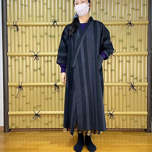 [momoten] [Amazon Exclusive Brand] Original Mizuyagi Kimono (Workwear, Samue, Haori, Bathrobe, Apron) Black Stripes, 120cm Long