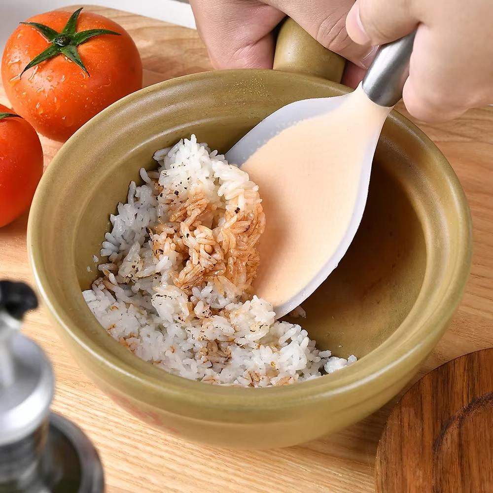 Stainless Steel Handle Silicone Rice Spoon Stand up High Temperature Resistant Non-Stick Home Electric Rice Cooker Spoon