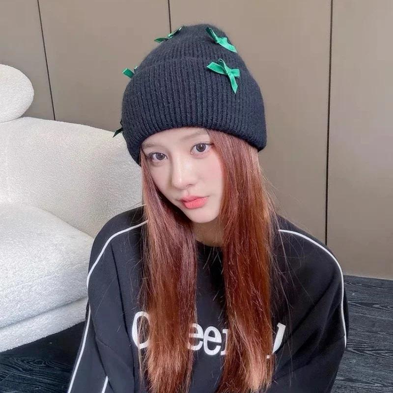 New Angora Rabbit Fur Bow Winter Hat For Women Knitted Fluffy Beanie Ladies Fashion Warm Plush Skull Womens Thick Fleece Hat Y2K