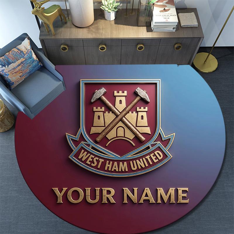 Custom Name West Ham United Round Area Rug,Carpet Rug for Living Room Bedroom Sofa Playroom Decor,Non-slip Floor Mat
