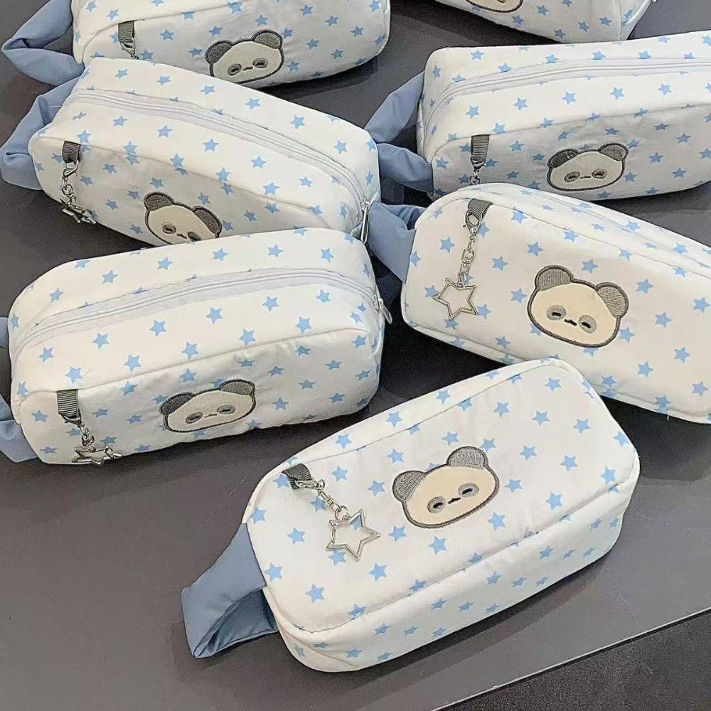 Durable White Pen Bag Large Capacity Star Panda Pattern Pencil Case Handheld Portable Stationery Storing Bag Students