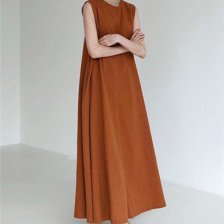 Korean Sleeveless Loose Fit Cotton Linen Dress with Wide Hem