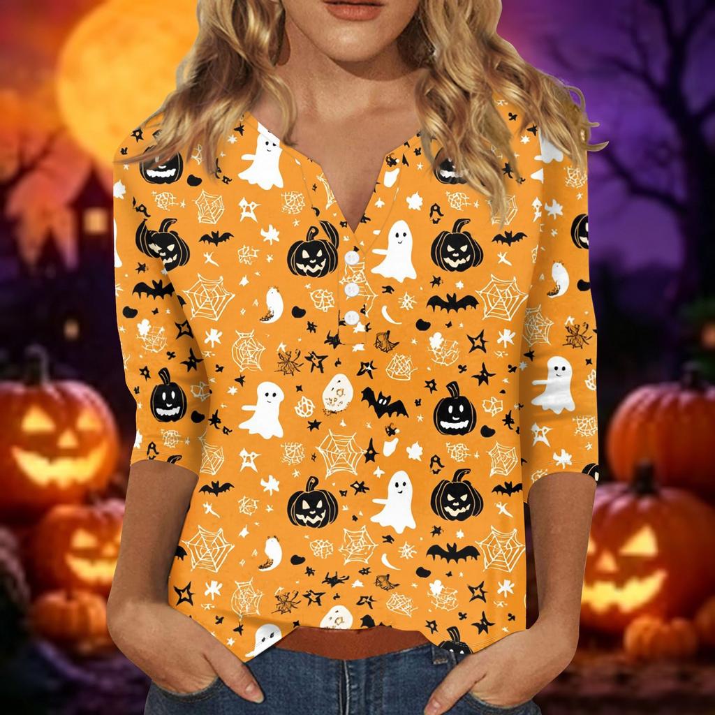 Women Casual Halloween Print V Neck Short Sleeve Button Detail Three Quarter Sleeve T Shirt Top