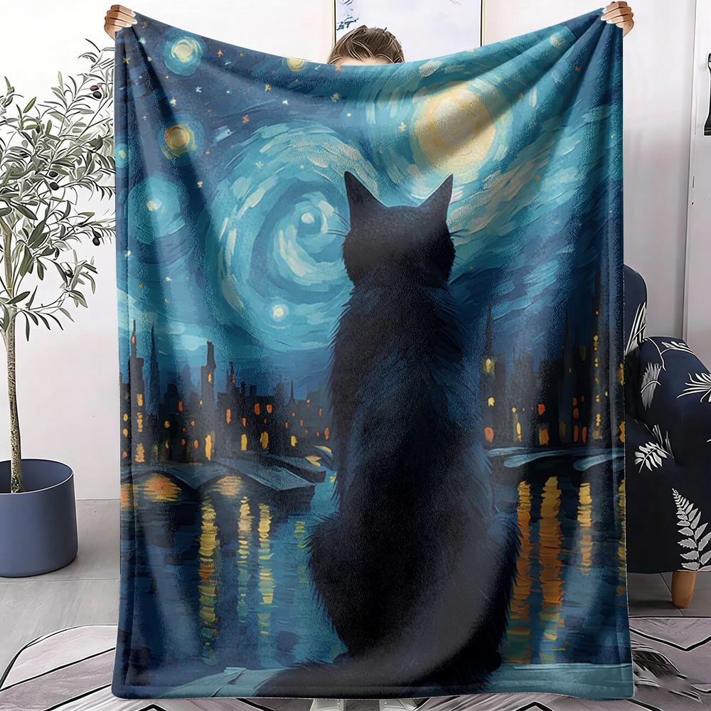 Starry Night And The Cat Throw Soft Flannel AC Blanket Lightweight Summer Nap Throw Cozy  Blanket for Sofa Bed Travel Home