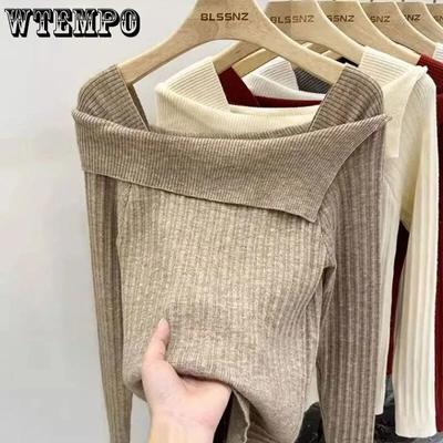 Khaki Slash Neck Sweater Slim Hotsweet Women's Knit Pullover Thin Bottoming Shirt Solid Office Lady New Fashion Spring Autumn