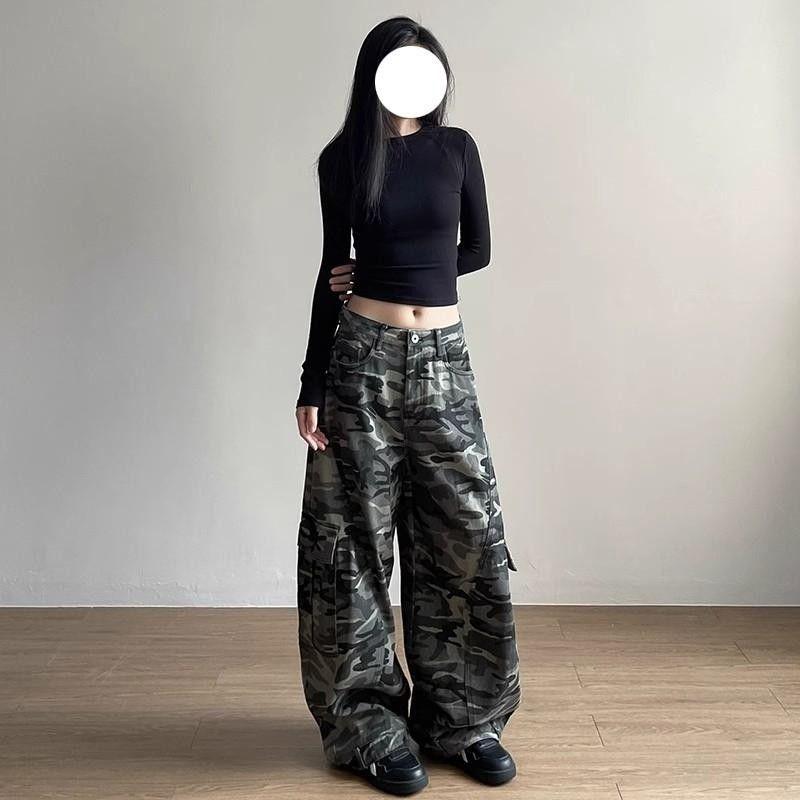 Women's Large Pocket Curved Wide Leg Camouflage Cool Girl Street Straight Bottoms Female Summer Unisex Loose Trousers
