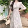 French White Lace Bubble Sleeve Collar Dress Women's Summer Design Sense Waist Gentle Tie Short Sleeves Long Skirt Tide
