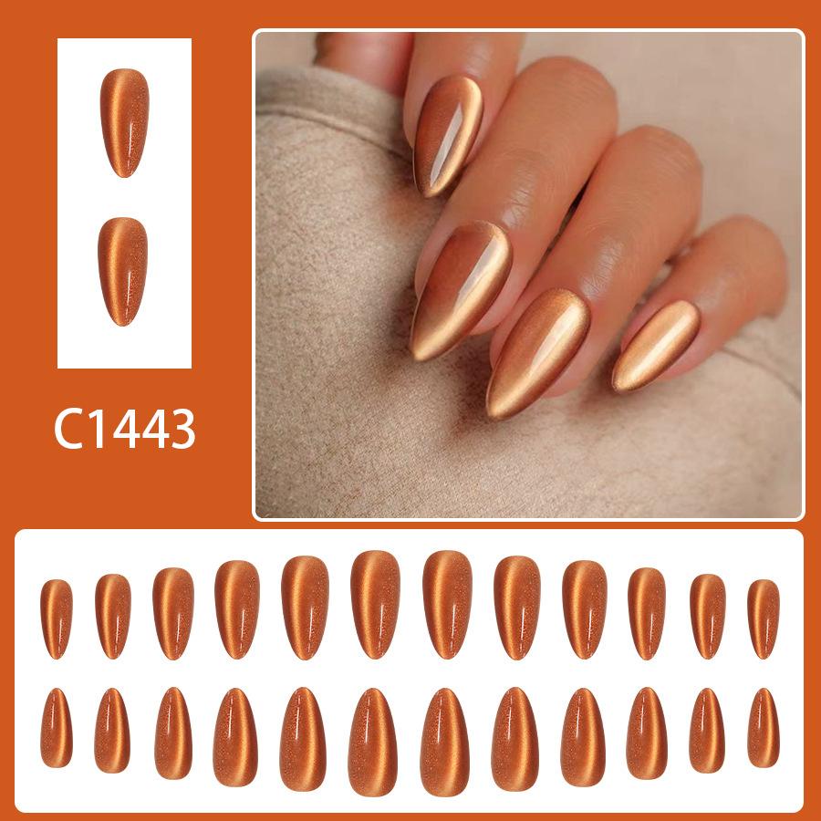 24pcs Autumn Orange Cat Eye Press on Nails Shiny Pure Color Almond Fake Nails Women Wearable Ins Simple Fashion False Nails