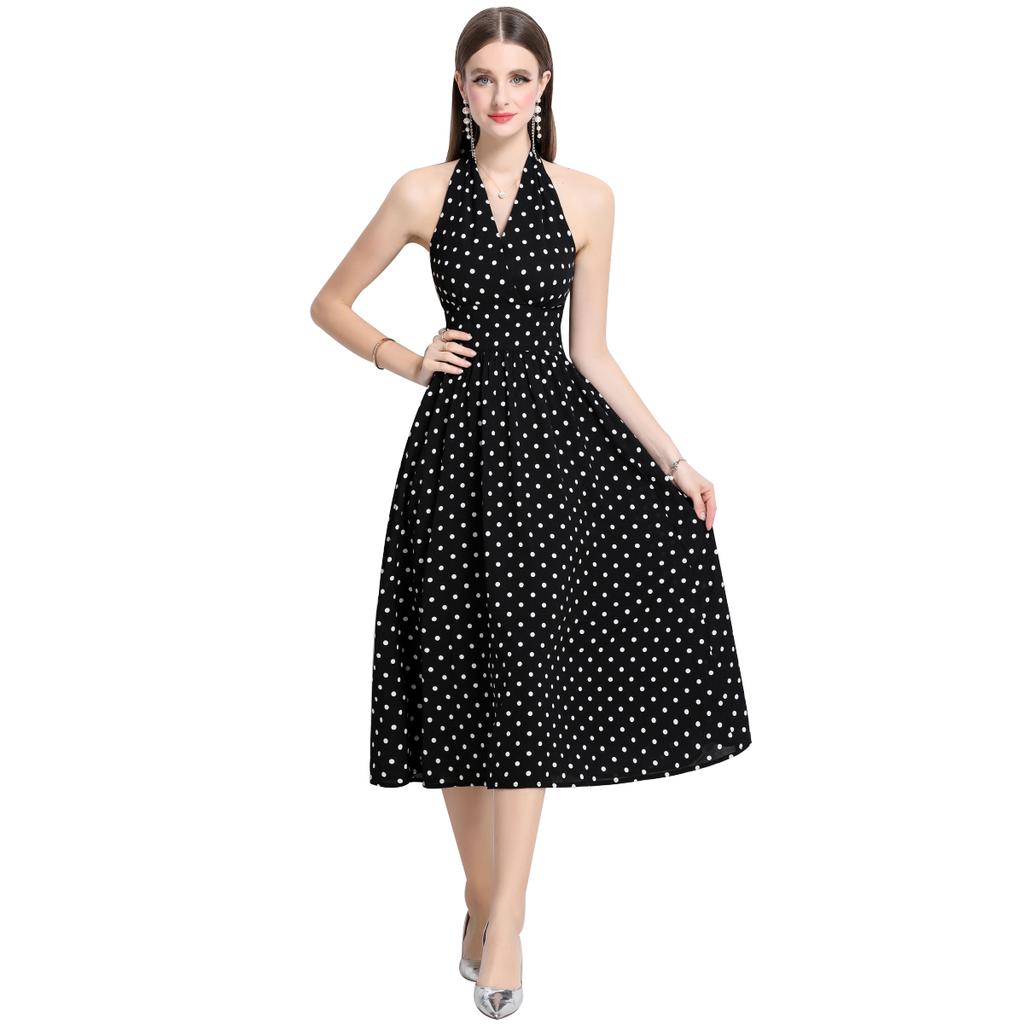Letní Dámské Elegantní Halter Šaty Midi s Otevřenými Zády a Puntíky na Párty