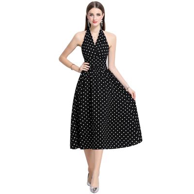 Summer Women Elegant Halter Open Back Polka Dots Party Midi Dresses
