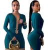 ZY European and American Independent Station Sexy Deep V Tight Skirt Metal Accessories Long Sleeve Hip Wrap Spice Girls Banquet Dress