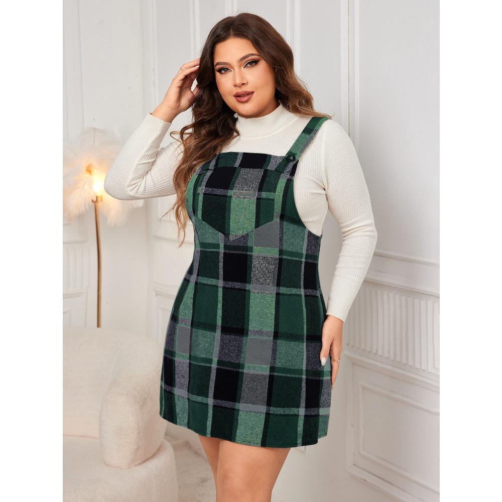 Women's Spring, Autumn and Winter Skirt Coat Inside the Skirt New Plaid Strappy Dress Plus Size XL-6XL Loose Strappy Dresses